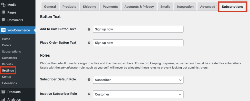 The WooCommerce “Settings” page where the “Subscriptions” tab is active.