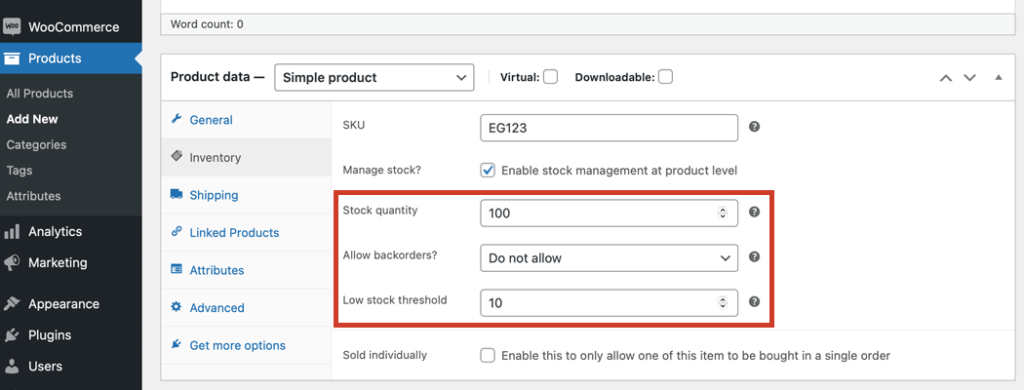 The Add New Product editing page after the “Manage stock” check box was checked.