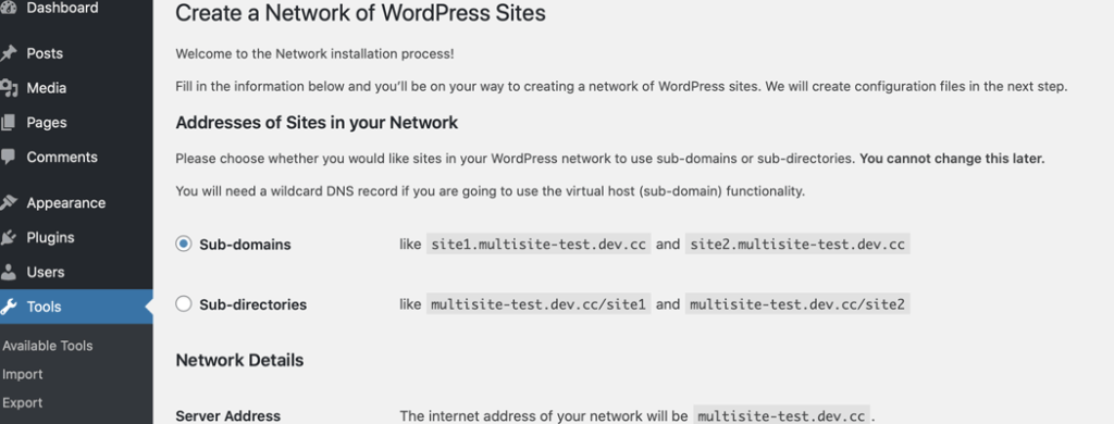 The WordPress Multisite setup page