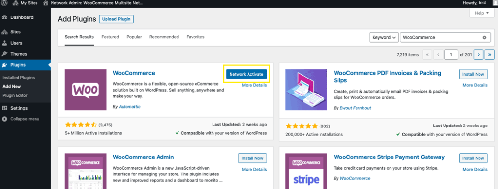 Creating a WooCommerce multistore by clicking to network-activate WooCommerce on the Add Plugins page.