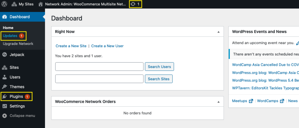 The super admin dashboard with one update available.