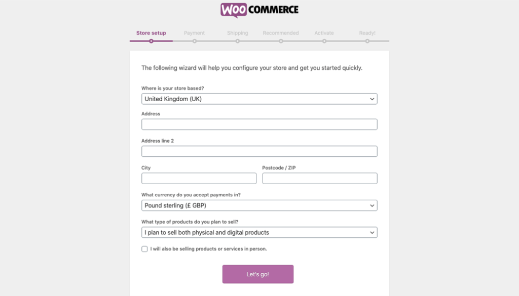 The WordPress eCommerce, WooCommerce setup wizard.