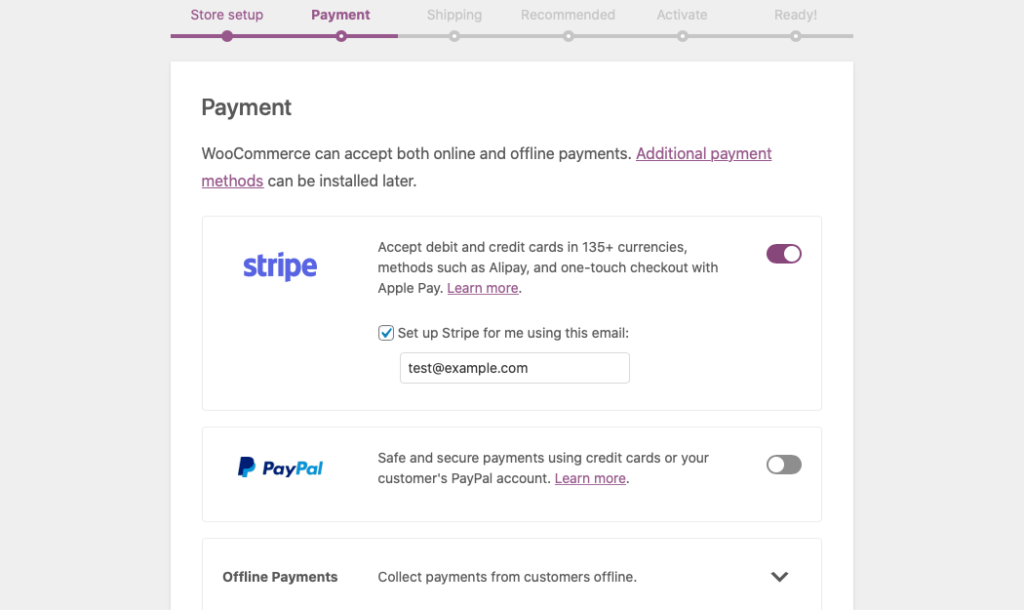 Payment page of the setup wizard