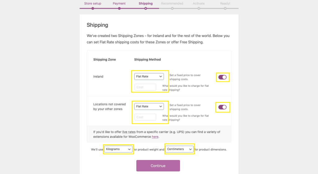 The shipping page of the setup wizard