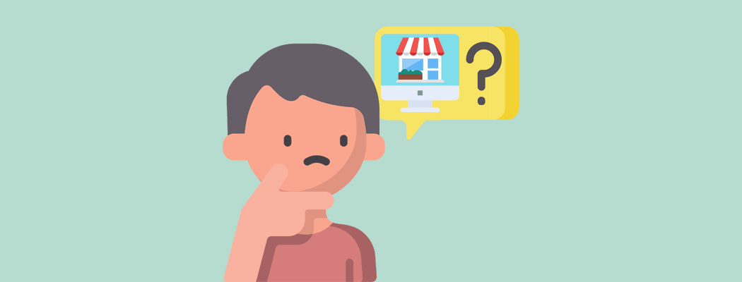 An illustration of a person thinking about questions relating to a WordPress online store and the WooCommerce plugin for WordPress.