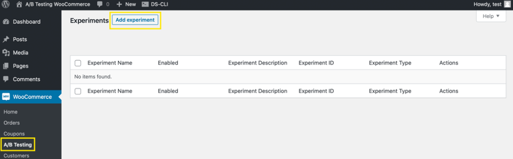 The A/B test button to add an experiment so you can increase your eCommerce conversion rate.