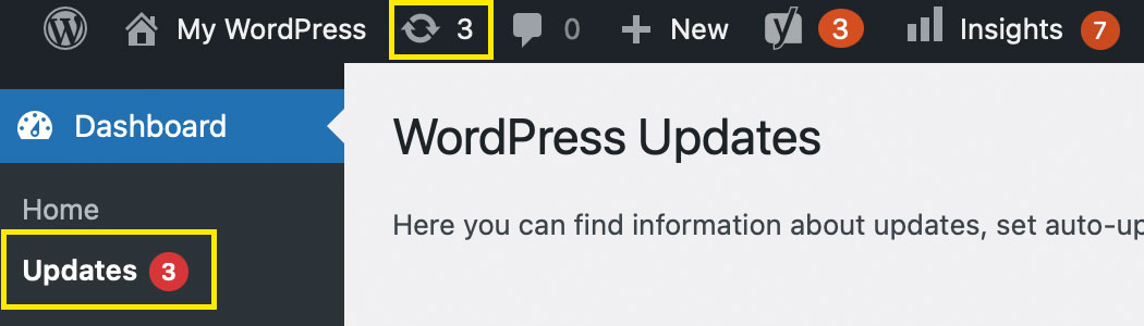 An example WordPress site with available updates ready to be applied.