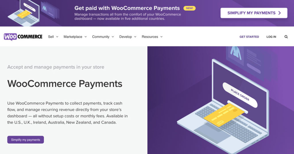 The new WooCommerce Payments service’s website.