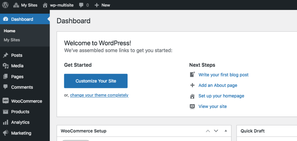 An example WooCommerce Multisite network in the super admin dashboard.