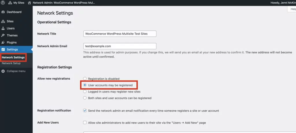 The WordPress Multisite Network Settings page.