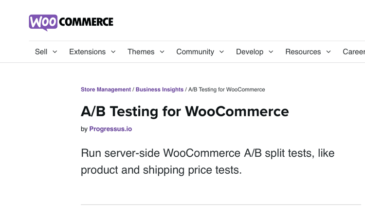 The A/B Testing for WooCommerce extension page.