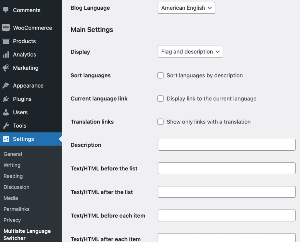The Multisite Language Switcher plugin settings page.