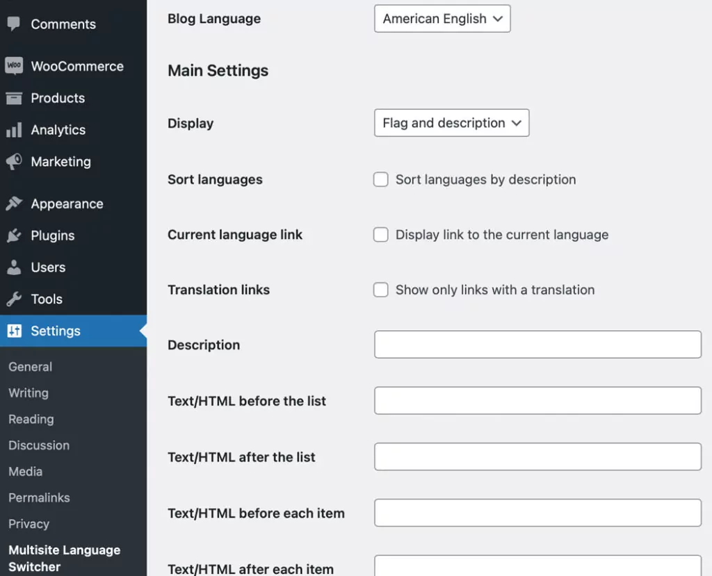 The Multisite Language Switcher plugin settings page.