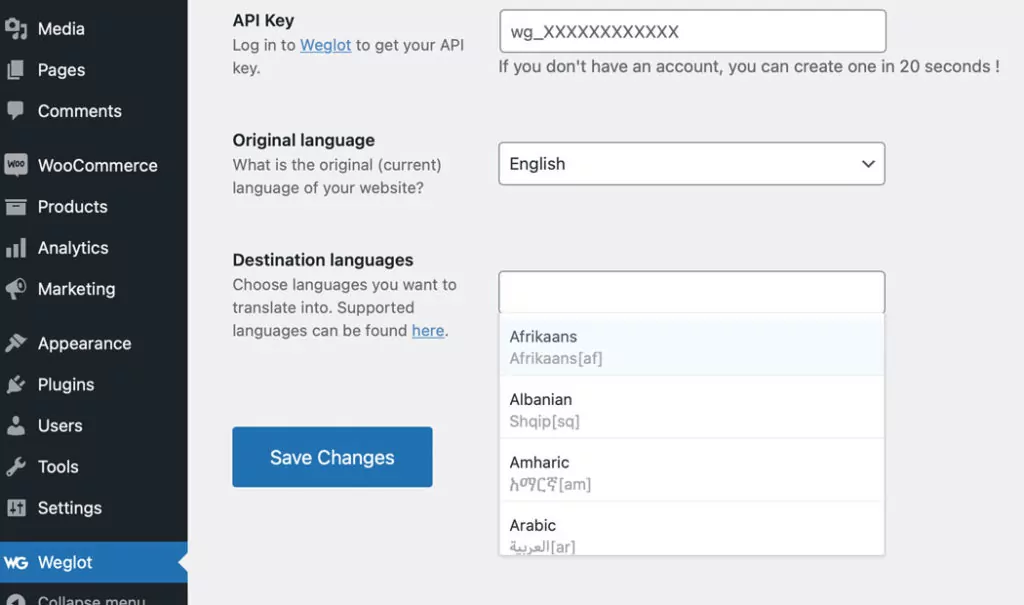 The Weglot main configuration page in the admin dashboard.