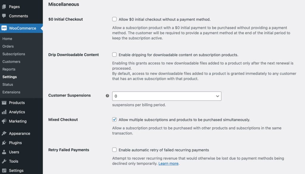 WooCommerce Subscription miscellaneous settings section on the “Settings” page.
