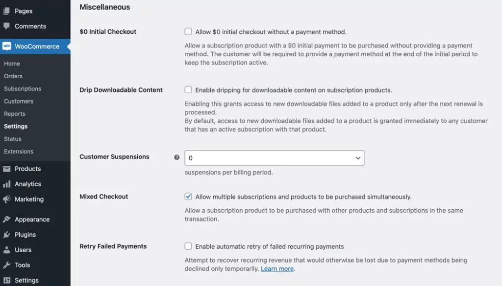 WooCommerce Subscription miscellaneous settings section on the “Settings” page.