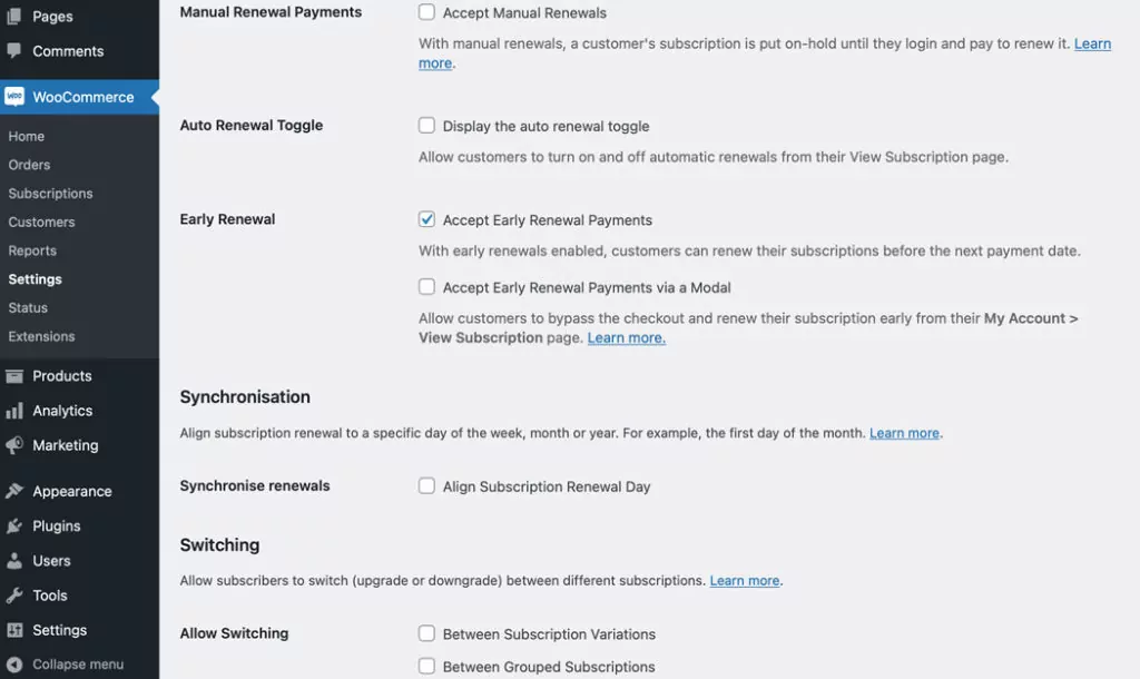 The WooCommerce “Settings” page on the “Subscriptions” tab.