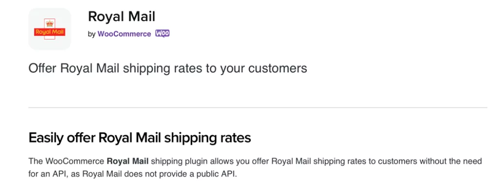 The Royal Mail extension page.