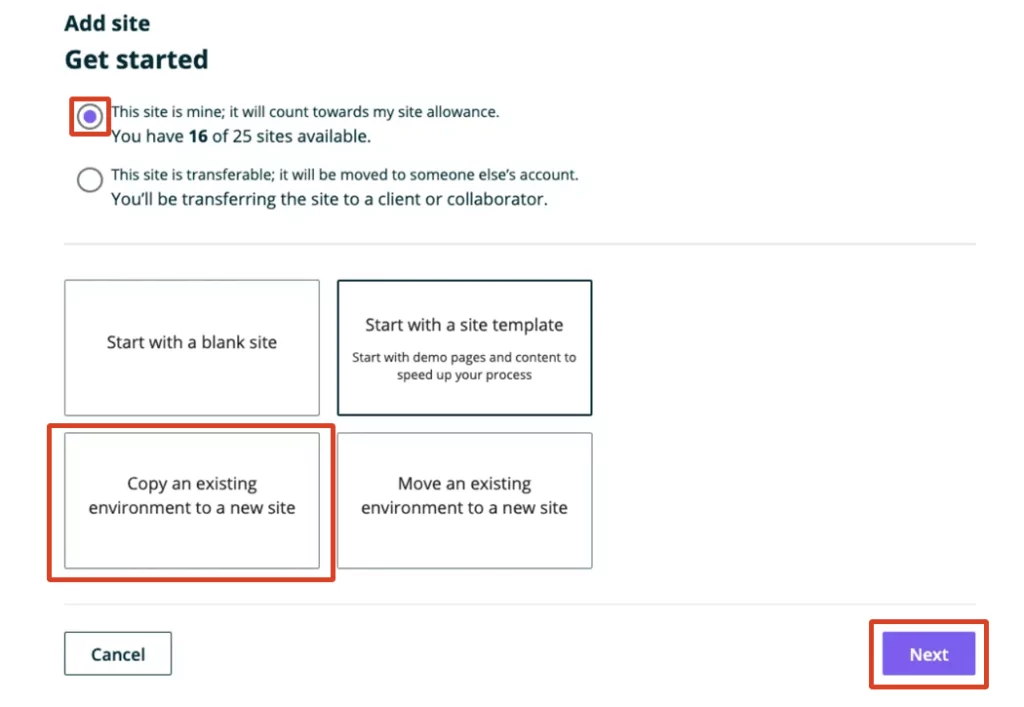 The “Get started” page of the “Add site” process in the WP Engine User Portal.