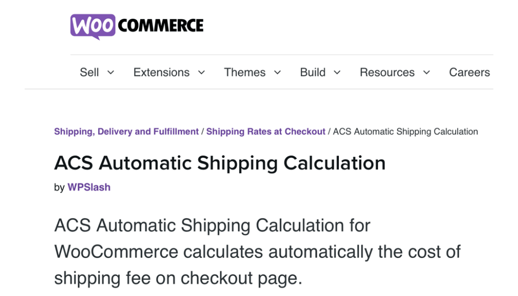 The ACS Automatic Shipping Calculation extension page.