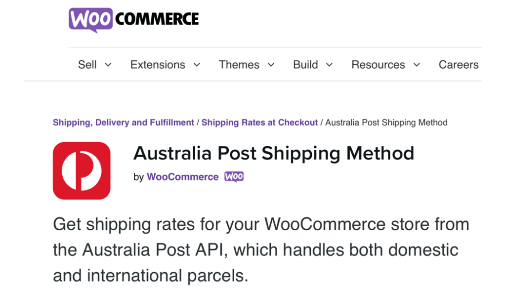 The Australia Post Shipping Method extension page.