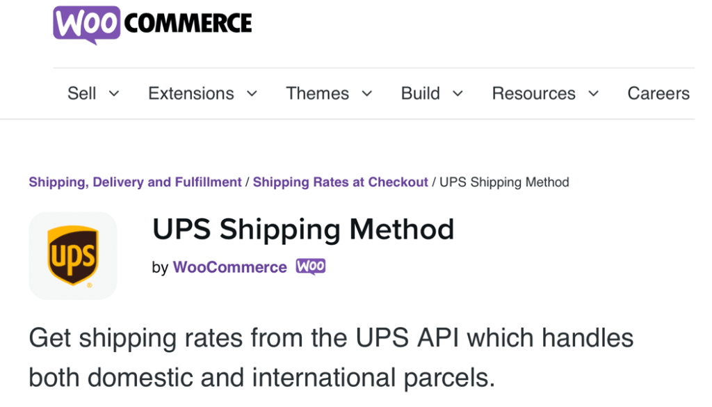 The UPS Shipping Method extension page.