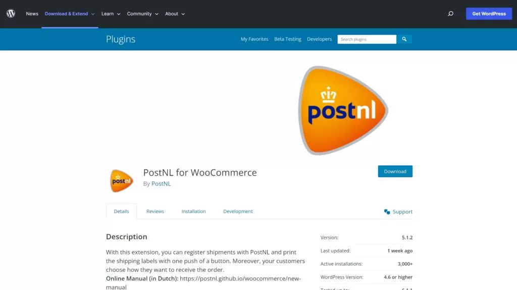 The PostNL WordPress plugin page.