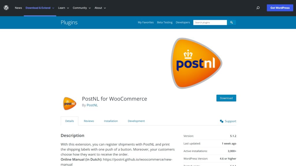 The PostNL WordPress plugin page.