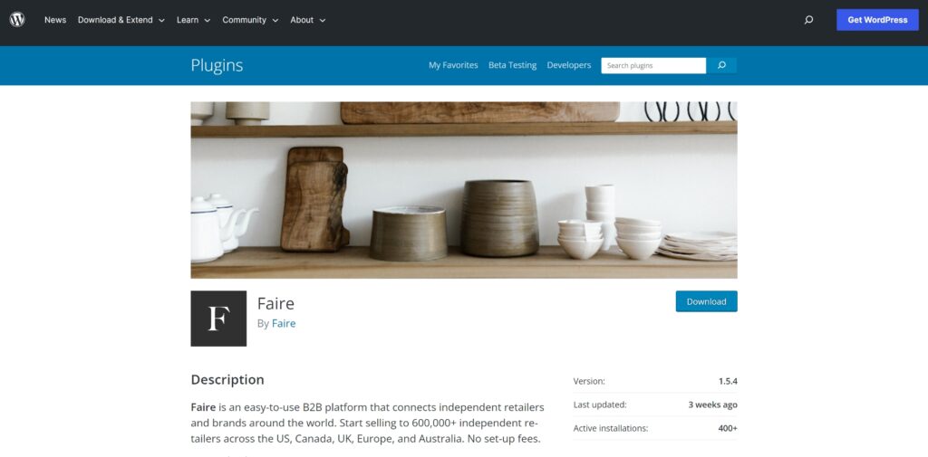 The Faire WordPress plugin page.