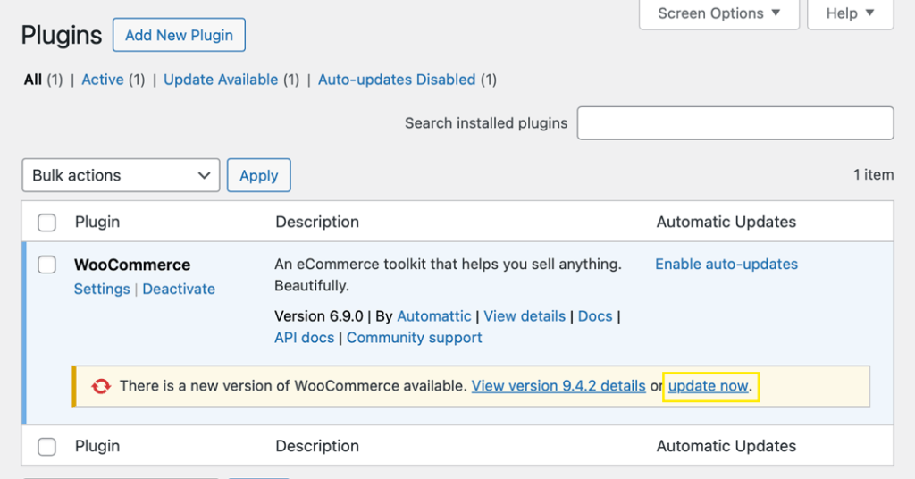 The Installed Plugins page of the WordPress admin dashboard.