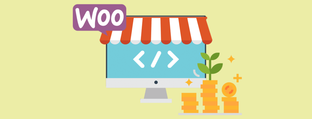 A computer with code, a WooCommerce logo, coins, and a plant, symbolizing WooCommerce checkout blocks growth.