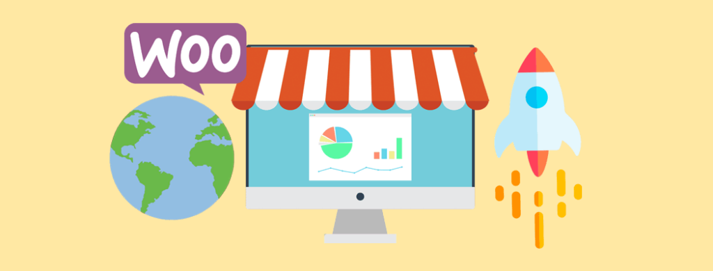 WooCommerce logo, globe, a desktop store with analytics on the screen and a launched rocket to signify speed and scalability.