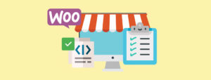 A computer screen with a red-and-white store awning, representing an online store. A WooCommerce logo appears in the top left, with a checklist on a clipboard and a coding document with a checkmark symbol, symbolizing WooCommerce custom theme development, code validation and best practices.