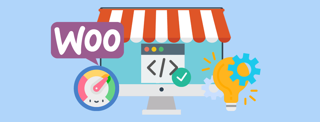 Illustration of a WooCommerce storefront on a computer monitor, featuring a WooCommerce logo, a speedometer indicating performance, a code window with a check mark and a light bulb and gear symbolising new ideas and optimisation.