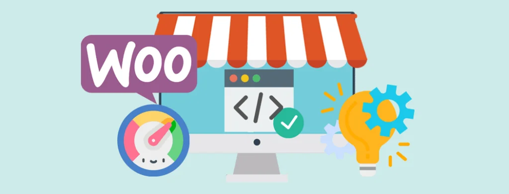 Illustration of a WooCommerce storefront on a computer monitor, featuring a WooCommerce logo, a speedometer indicating performance, a code window with a check mark and a light bulb and gear symbolising new ideas and optimisation.