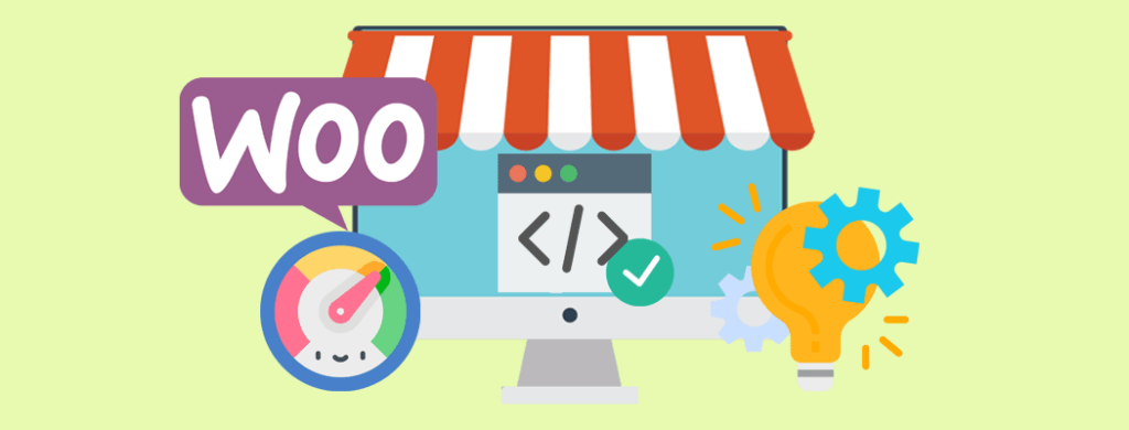 Illustration of a WooCommerce storefront on a computer monitor, featuring a WooCommerce logo, a speedometer indicating performance, a code window with a check mark and a light bulb and gear symbolising new ideas and optimisation.