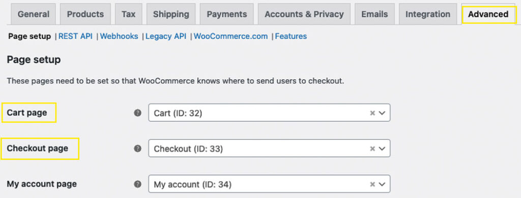 The Advanced tab on the WooCommerce Settings page in the WordPress backend.