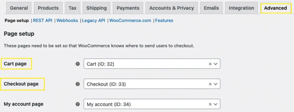 The Advanced tab on the WooCommerce Settings page in the WordPress backend.