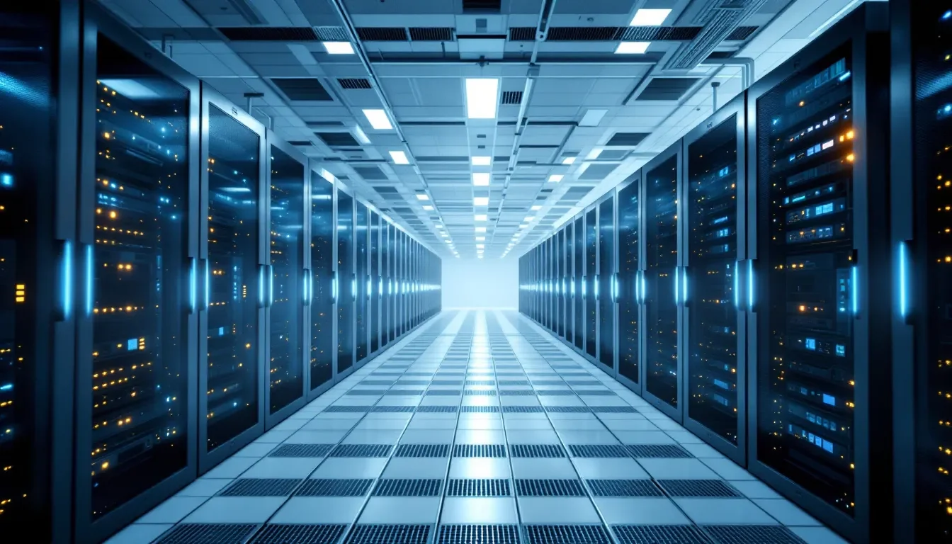 The image depicts a modern data center filled with rows of servers and networking equipment, showcasing the advanced infrastructure that supports various online stores and ecommerce websites. This environment is essential for hosting providers offering managed WooCommerce hosting and WordPress hosting plans, ensuring optimal performance and security for users.