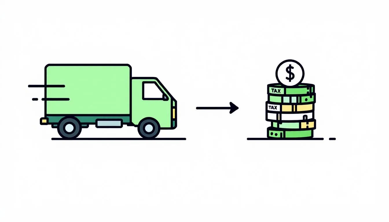 The image features a delivery truck icon alongside tax and money icons, symbolizing the process of orders being dispatched from an online store. This visual representation highlights the essential aspects of transactions in an ecommerce website, particularly in relation to the WooCommerce plugin.