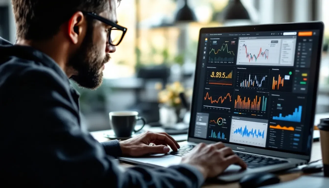 A person is focused on analyzing website performance metrics displayed on a laptop screen, which may relate to their online store's efficiency, particularly for a WooCommerce website. The scene suggests a professional environment where the individual is leveraging data insights to enhance their WordPress sites and optimize their eCommerce functionality.