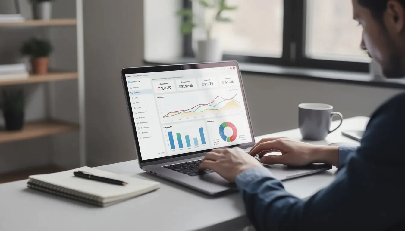 A person is working on a laptop, viewing a dashboard that displays member analytics and various charts related to their membership plans. The dashboard likely includes insights on membership status, access to restricted content, and reports on subscriptions, helping the user manage memberships effectively.