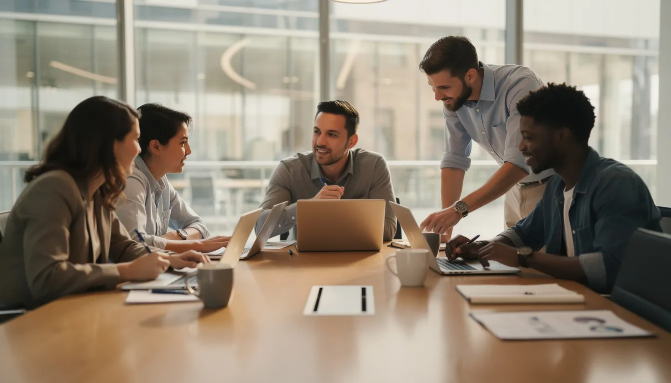 The image depicts a diverse team collaborating around a conference table, each person focused on their laptops as they discuss ideas. This teamwork reflects the spirit of innovation often seen in online stores, including those that offer customizable gift cards and digital gift certificates.