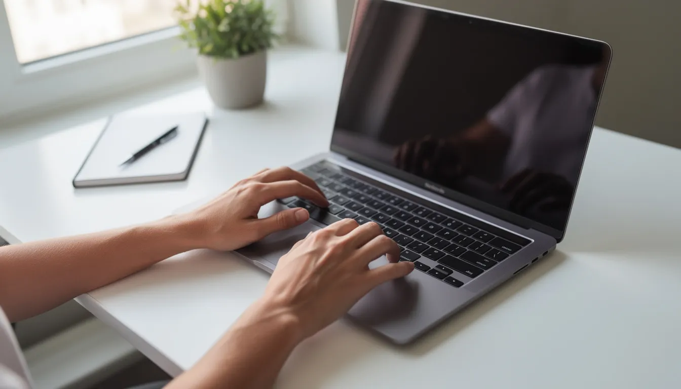 The image shows a pair of hands typing on a laptop keyboard in a bright and inviting workspace, suggesting an atmosphere of productivity. This setting is ideal for creating and managing gift card products, such as digital gift cards or customizable gift certificates, for an online store.