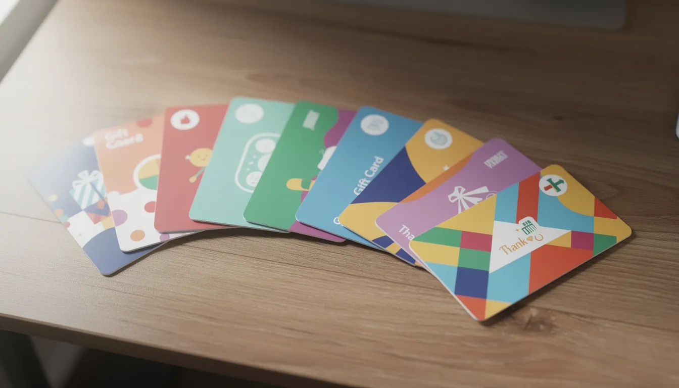 The image showcases a vibrant assortment of physical gift cards scattered across a wooden desk, highlighting various designs and colors. These gift cards represent customizable gift certificates that can be used for purchases in an online store or physical retail locations.