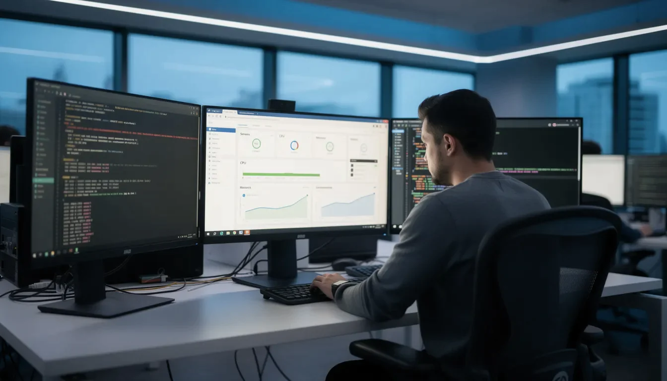 A developer is intently reviewing server configurations across multiple monitors, ensuring optimal performance for a WordPress site powered by the WooCommerce plugin. The setup allows for efficient management of store data and enhances store functionality, reflecting a commitment to maintaining marketplace quality standards.