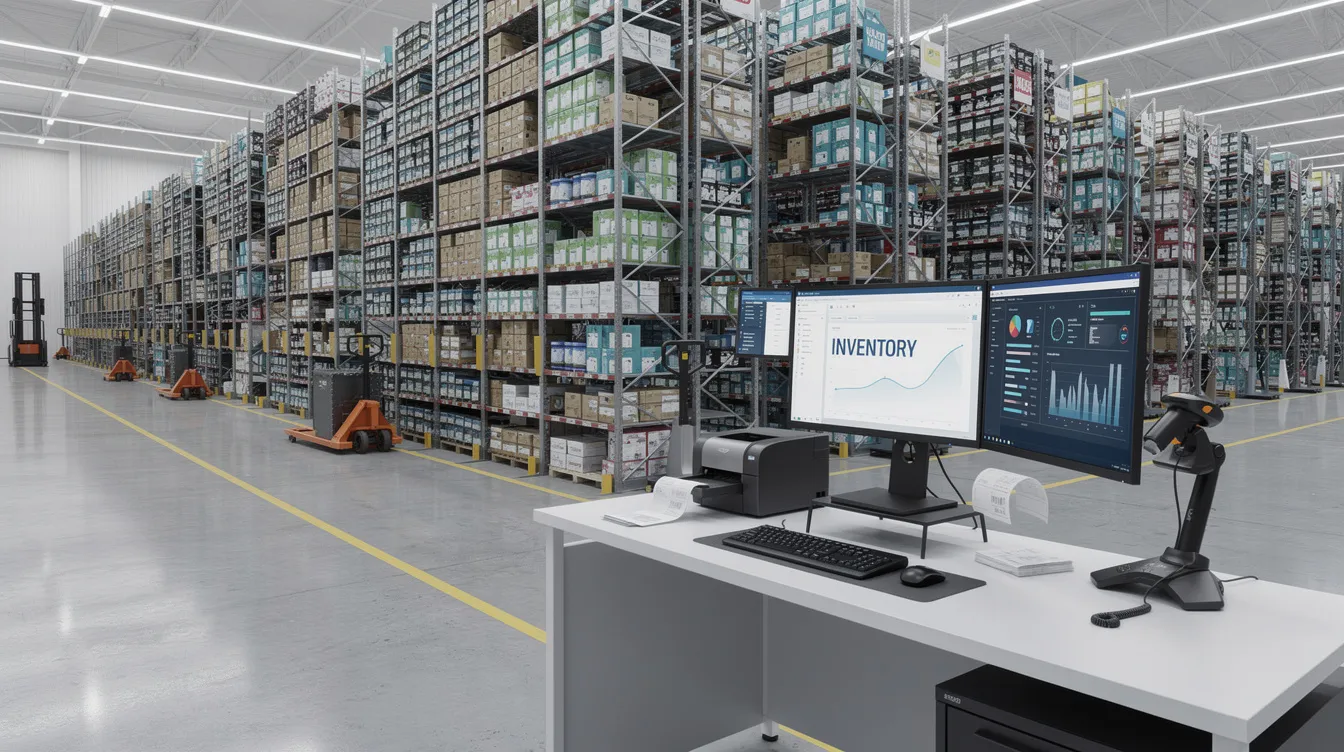 The image depicts a modern warehouse featuring organized shelving systems and inventory management stations, highlighting efficient inventory management and streamlined operations essential for enterprise ecommerce businesses. This setup supports enhanced customer service and improved data accuracy, crucial for integrating WooCommerce with various business systems.