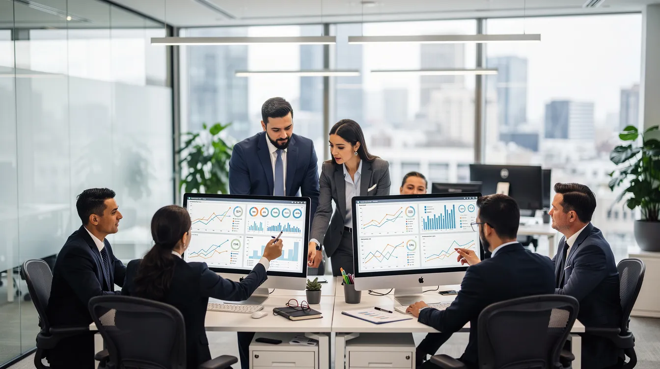 The image depicts a professional office environment where team members are collaboratively reviewing data displayed on computer screens, likely focusing on key business processes such as enterprise resource planning and customer relationship management. This setting emphasizes the importance of data synchronization and operational efficiency in managing an ecommerce business.