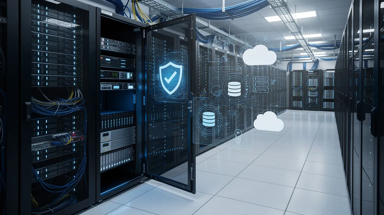 The image depicts server hardware installed in a data center, symbolizing robust backup and infrastructure systems essential for managing WooCommerce product data. This setup supports bulk editing operations, allowing for efficient management of multiple products, stock levels, and product variations.