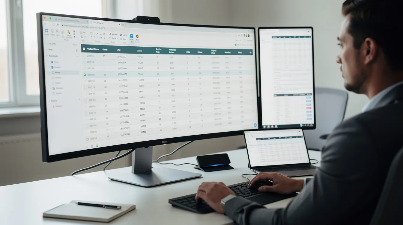 The image depicts a person seated at a desk, focused on their computer screen displaying multiple browser tabs filled with product data grids for bulk editing. The tabs likely contain information on various WooCommerce products, including stock quantities, sale prices, and product attributes, facilitating efficient data management and editing.